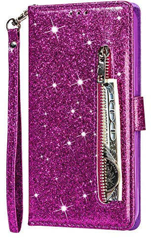 Samsung Galaxy A12 / M12 Case Zipper Pocket Glitter Bling Flip Shockproof Leather Folio Wallet Case with Stand Silicone Bumper Protector Cover for Samsung A12 / M12 Phone Case Girls Women, Purple
