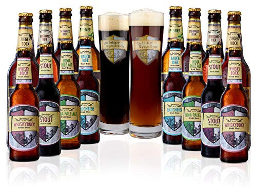 Brauerei Zwönitz ProBierPaket/Bier Set mit 16 Bieren + 2 Gläsern/Beer Tasting Box/verschiedene Biersorten zum Verschenken/Bierverkostung Set mit Craft Beer/je 8 × 0,33 l + 0,5 l Flaschen