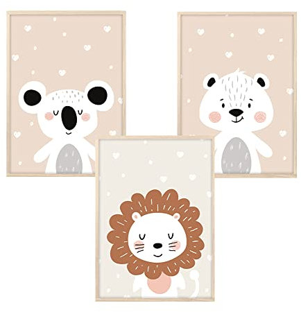 MeinBaby123® Bilder Kinderzimmer | 3er Set DIN A4 Poster Set | Wandbilder | Deko Bilder Kinderzimmer Mädchen und Jungen | Babyzimmer Deko | Wandposter Premium (süße Freunde - beige)