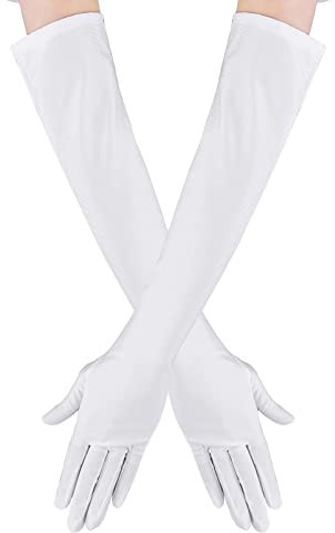 Yolev Weiß Satin Handschuhe Lang Weiss Satin Fingerhandschuhe Oper Braut Tanzhandschuhe Party Spitzenhandschuhe Weiss Stretchhandschuhe
