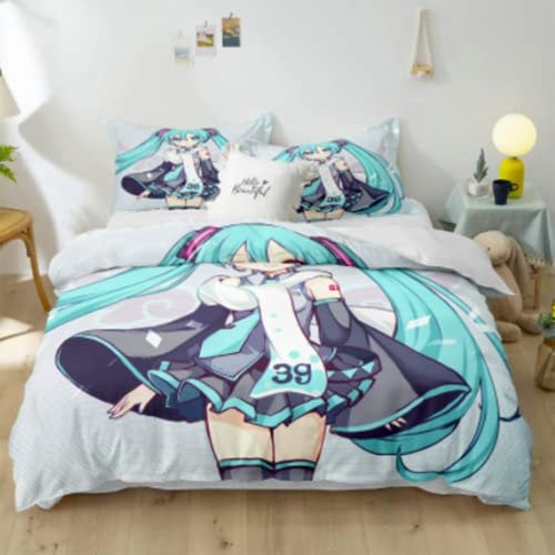 YuZong Hatsune Miku Bettwäsche aus weichem Polyester dreiteilig Anime-Bettbezug Kissenbezug Anime-Figuren Cartoon-Kinder Kinder Teenager Erwachsene