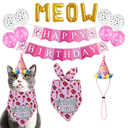 TCBOYING Katzen-Geburtstags-Bandana, Katzen-Geburtstags-Jungen-Mädchen-Hut-Schal-Flaggen-Ballon mit niedlichen Hündchen-Geburtstags-Partyzubehör-Dekorationen