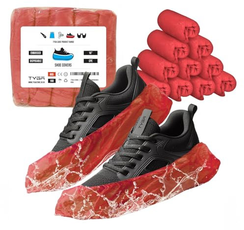 TYGA Disposable Shoe Covers, 100 Pack Red Overshoes, Waterproof & Anti-Slip Plastic Boot Covers, Dustproof Floor & Carpet Protectors, One Size Fits Most