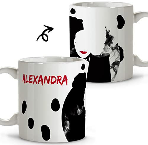 Tasses pour le petit-déjeuner Disney. Mug personnalisé avec le nom. Tasses Disney. Tasse en céramique. 330 ml. Différents modèles et couleurs intérieures. Cadeaux originaux. CRUELLA