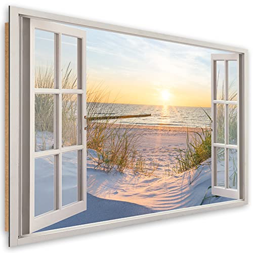 Feeby Quadro Decorativo XXL Vista dalla finestra Mare del Nord Mar Baltico Paesaggio 120x80 cm 1 parti Qualita Fotografica Stampa D'Arte Camera Da Letto Spiaggia Mare Sabbia Tramonto arancione