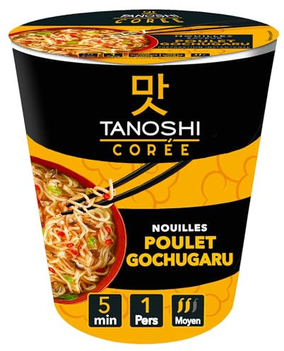 TANOSHI - Cup Nouilles Instantanées Saveur Poulet Gochugaru - Nouilles Coréennes Instantanées - 1 Personne - Blanche - 65 g (L'emballage peut varier)