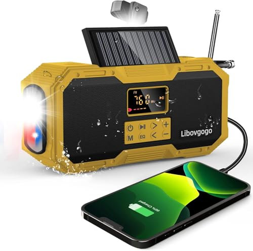 Radio à manivelle Auto-Scan FM/AM avec fonction de charge de téléphone portable, chargeur solaire, 10 W IPX5, protection anti-éclaboussures, haut-parleur Bluetooth, dynamo portable, batterie externe,