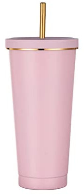 HUIEYE 750ML Gobelet Isotherme Avec Paille et Couvercle, Tasse à café en Acier Inoxydable,Réutilisable Tasses Isothermes Pailles et Brosse Nettoyage (Straw cups-pink)