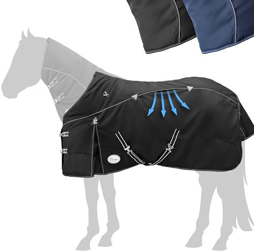 Esposita Airflow Outdoordecke Regendecke mit Fleece 200g Weidedecke Outdoordecke Übergangsdecke Champion Edition optimales Klima ohne Hitzestau 100% wasserdicht Pferdedecke 145cm Polarfleece Schwarz