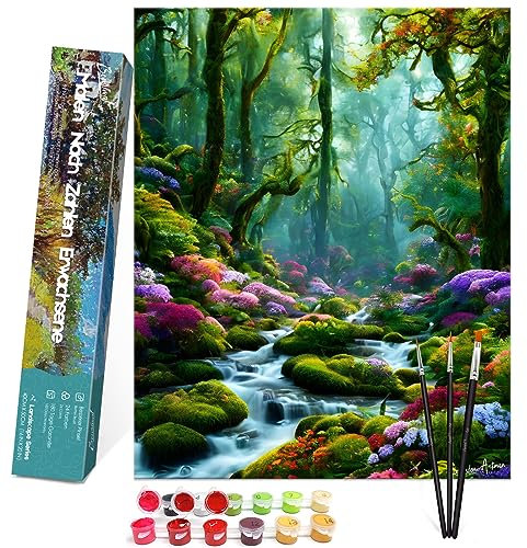 Bougimal Peinture par Numéro Adulte avec Pinceaux et Acryliques Bricolage Peintures Kits pour Adultes Seniors Débutant, La forêt verte, pour la Décoration Maison,40x50cm