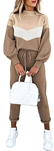 Sovoyontee Damen Langarm Trainingsanzug Pyjamas Hoher Hals Pullover Sweatshirt Lounge 2-Teiliges Outfits Set Farbblock S