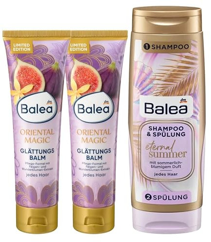 Balea 3er-Set Haarpflege: Glättungsbalm Oriental Magic intensive Pflege mit Feigen- und Wunderblumen-Extrakt ohne Silikone (2 x 100 ml) + Twinpack Eternal Summer Shampoo & Spülung (300 ml), 500 ml