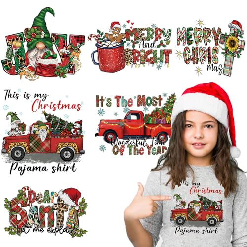 6 Stück Weihnachtsaufbügelflicken Xmas Design Iron on Stickers Heat Transfer Vinyl Decals Lebkuchenmann Auto Zwerg Niedliches Design Weihnachten Applique für T-Shirt Hoodie DIY Handwerk Dekor