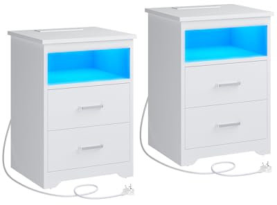 KIMENICH Bedside Table Set of 2 with LED Lighting, Bedside Cabinet with Charging Station, Nightstand, USB Ports, 2 Drawers, for Bedroom, Living Room, White