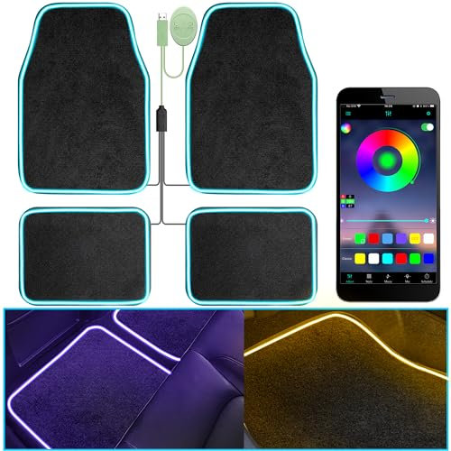 Weiche Auto-Fußmatten mit LED-Lichtstreifen, universelle Passform, schwarzer Autoteppich, App-Steuerung, Innenbeleuchtung, Fußmatten, rutschfest, wasserdicht, RGB-Auto-Dekor-Zubehör für SUV, LKW,