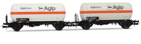 Rivarossi HR6620 FS, 2er-Packung 2-achsiger Gaskesselwagen, weiß mit orangefarbenem Streifen, „Agipgas“, Ep. IV Rollmaterial – Waggons
