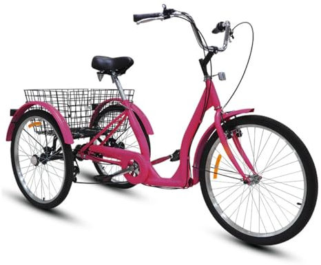 PurezmMoto Lastenfahrrad 3-Rad-Fahrrad Cruise Trike, 24-Zoll-Dreiräder for Erwachsene, Lastenfahrrad mit Korb, Fahrrad for Outdoor-Sporteinkäufe(Pink)