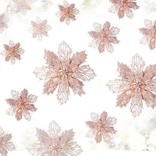 LIHAO 21pcs Fleurs de Noël Artificielle pour Sapin, Fleur de Poinsettia Or Rose Pailletées pour Decoration de Sapin de Noel