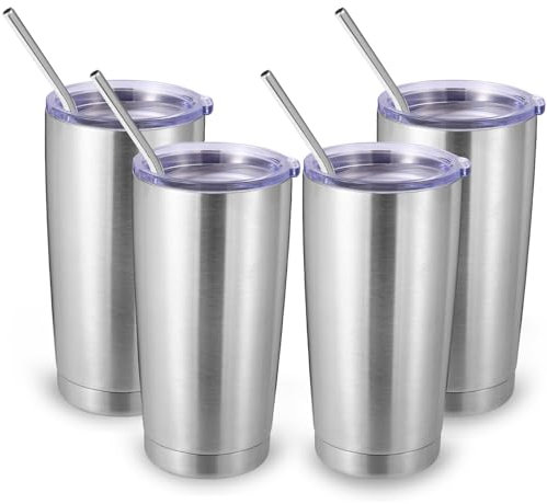 Volhoply 20oz 550ml Travel Insulated Tumbler with Lid and Straw Bulk 4 Pack, Double Wall Stainless Steel Coffee Mug Fits Cup Holder,Powder Coated Cups for Hot & Cold Drinks, BPA Free(Silver,4 Set)