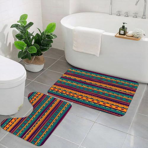 EYLOZS Badezimmerteppich Set 2 Teilig Waschbar rutschfeste Badematte Toilettenmatte Weich Saugfähige Badteppiche,Retro-Azteken-Streifenmuster mit reichhaltigem Ethno-PrintWohnzimmer-Schlafsaal