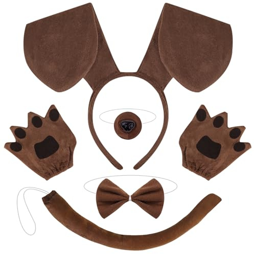 Jokureao 5Stück Welpen-Kostüm-Set, Hund Stirnband Ohren, Fliege, Schwanz, Pfote Handschuhe, Tier Welpen Hund Kostüm Set für Erwachsene Karneval Welttag des Buches Cosplay Party