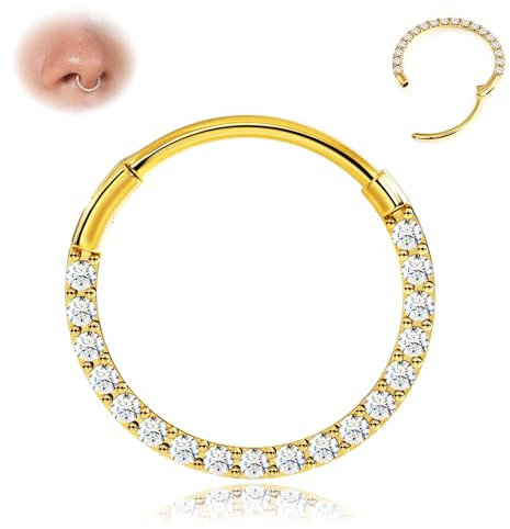 BodyBonita Hinged CZ Septum Rings - 316L Surgical Steel Nose Rings Hoops for Women 20G Cartilage Earrings Conch Piercing Jewellery Helix Rook Tragus Lobe Daith Snug Belly Button Ring 10 mm Gold