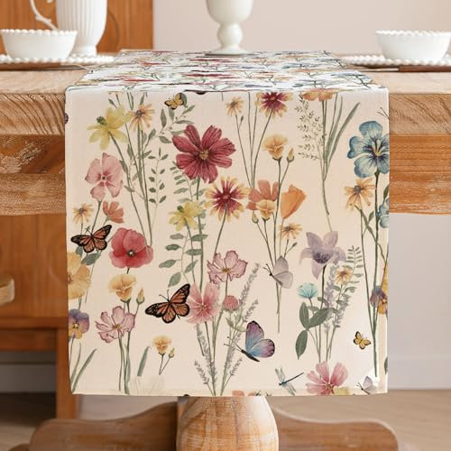 Tischläufer Frühling Sommer Wild Rot Blumen Botanical Modern Tischdekoration Grünes Blatt Table Runner Saisonnal Küche Esstisch Dekoration ür Draußen Urlaub Party Wohnzimmer Dekor 33 x 183 cm