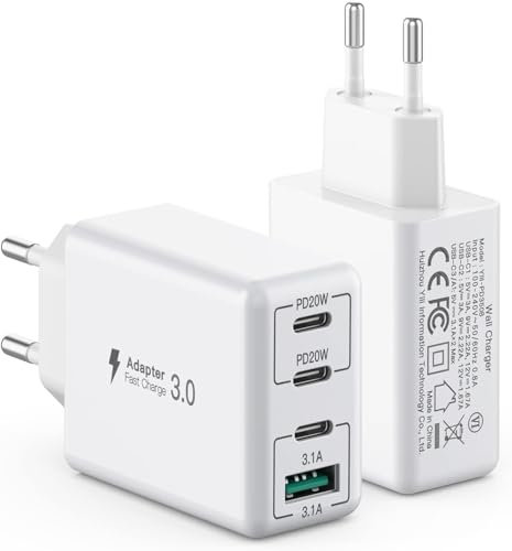[2 Unidades] Cargador USB C de 40 W 4 Puertos, Bloque de Carga rápida PD+QC, Conector de Pared Tipo C, Adaptador de alimentación USB C, Compatible con iPhone 11/12/13/14/15/16/Galaxy 23/22/21