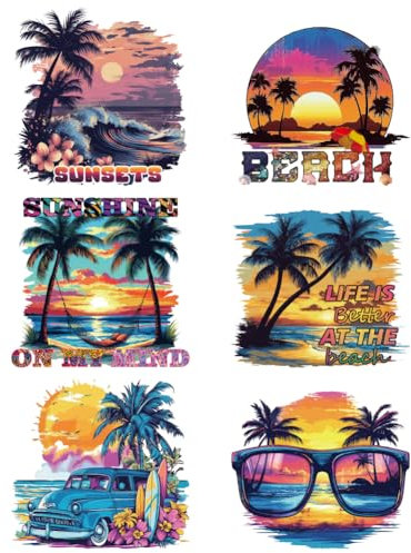 arricraft 6 Pcs Iron on Decals Patches, 6 Sizes Summer Beach Theme Iron on Stickers Coconut Trees Sunrise Hammock Heat Transfer Stickers Plastic Washable Patches for DIY Clothes Decor Backpacks Cover