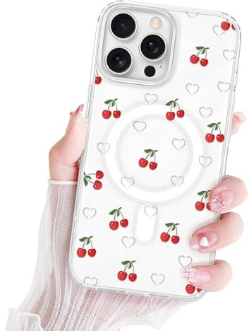Newseego Clear Magnetic Case for iPhone 16 Pro Max - Compatible with MagSafe, Cute Red Cherry and Aesthetic Love Heart Print For Girls Women Slim Soft TPU+PC Shockproof Cover for iPhone 16 Pro Max