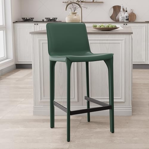 YOUNUOKE Echtleder Barhocker, Keine Installation, Tresenhocker, Bistrohocker mit Lehne, Bistrostuhl mit Fußstütze, Medieval Minimalism, Barstuhl für Küche, Wohnzimmer, Esszimmer, Dunkelgrün