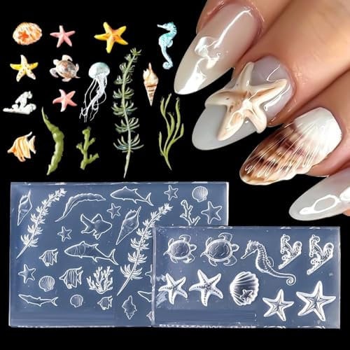 2Pcs Ocean Silicone Nail Molds,Summer Beach Nail Charm Design 3D Carving Template Resin Nail Art Mold Starfish Seashells Jellyfish Soft Silicone Nail Tools Nails Supplies for DIY Manicure Accessories