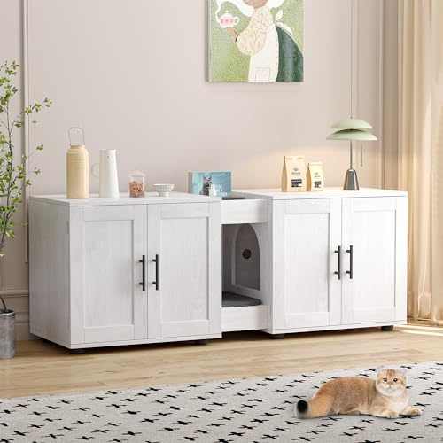 Litter Box Enclosure for 2 Cats,55 Large Hidden Litter Box Furniture with Barn Door & Double Rooms, Indoor Pet House TV Stand Side Table,Cats Washroom,for Bedroom Living Room,White