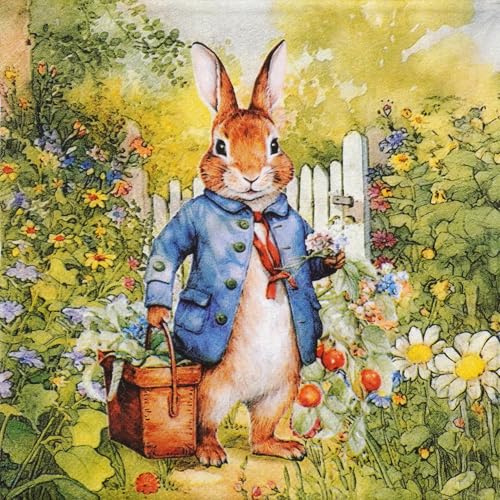 20 Servietten Ostern Hasenmann im Garten als Tischdeko. Papierservietten mit Motiv. Auch für Decoupage und Serviettentechnik 33x33cm