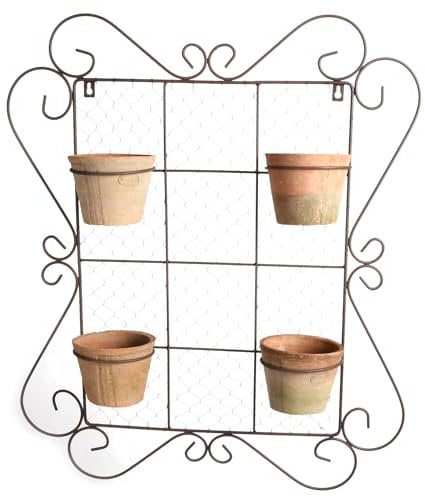 Esschert Design at Wandrahmen mit 4 Töpfen, 59,5 x 12,3 x H71,3 cm, Terracotta, mit Montagelochung, Gartendekoration, Blumentöpfe, Blumenschalen