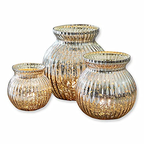 Loberon Windlicht 3er Set Mirtas, unterschiedliche Größen, wunderschöne Rillenprägung, Bauernsilber-Finish, traditionelle Handarbeit, Wohn-Accessoires, Glas, Silber