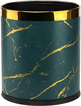QLHIBLY Luxury Metal Waste Paper Bin,Double Layer Trash Bin with PU Leather Covered, 10 liters Waste bin for Bedroom Bathroom kitchen office hotel(Green Gold Marble)