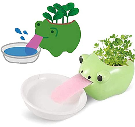 Mini Selbstbewässernde Sukkulentententöpfe, 1 Packung Tier-Keramik-Pflanztopf Behälter mit Zunge und Abflussloch, kreativer kleiner Kaktus-Blumentopf (Frosch)