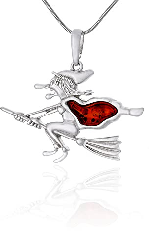 AMBEDORA Damen Halskette Hexe, Poliertes Sterling Silber, Unregelmäßiger Baltischer Bernstein in Cognac Farbe, Silber Anhänger mit Kette