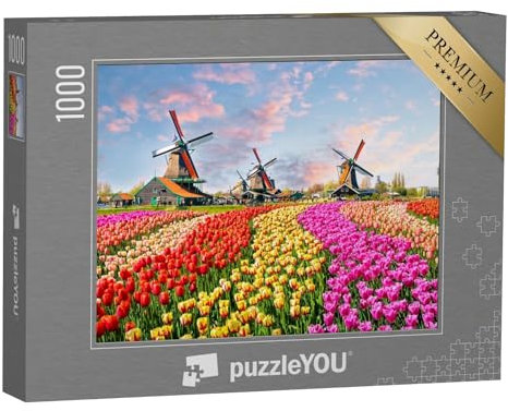puzzleYOU: Puzzle 1000 Teile „Idyllische Windmühlen und Tulplen, Niederlande“ – aus der Puzzle-Kollektion Holland, Himmel & Jahreszeiten