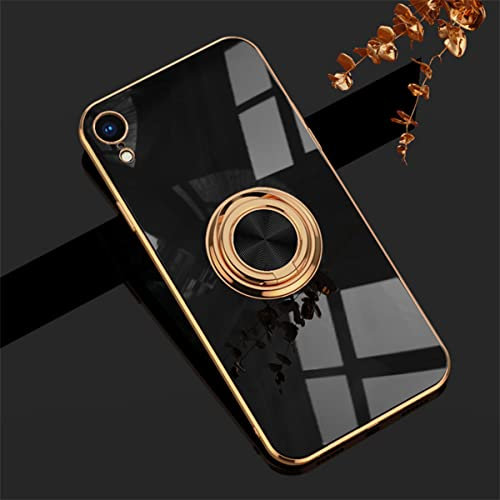 EYZUTAK Electroplated Magnetic Ring Holder Case for iPhone XR, 360 Degree with Rotation Metal Finger Ring Holder Magnet Car Holder Soft Silicone Shockproof Cover for iPhone XR - Black