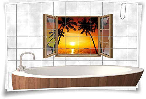Fliesen-Aufkleber Fliesen-Bild Fenster Palme Sonne Dämmerung Wasser Meer Ozean Bad WC Aufkleber Folie Deko Digitaldruck, 90x58cm, 15x15cm (BxH) wb22fb618-118931