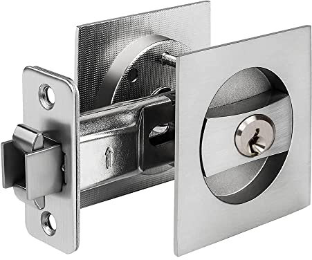 RRANXSZ Square Sliding Door Lock Pocket Door Lock Invisible Recessed Door Lock Mortise Lock Wooden Door Lock,Brushed Silver, SDL-CS1P, 66mm Square