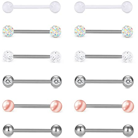 Cupimatch 12 PCS Zungenpiercing Nippel Barbells Brustwarzenpiercing Edelstahl Barbell Körper Piercing Schmuck, 12mm 14mm 16mm 18mm