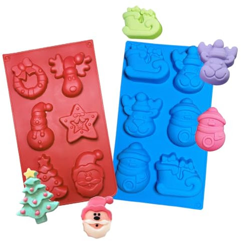 Weihnachten Silikon Formen, Silikon Backform Weihnachten, Weihnachten Seifenform, Schneemann Rentier Schlitten Form, 6-Cavity Weihnachts Fondant Formen, für Süßigkeiten, Pralinen, Gelee, 2 Stück