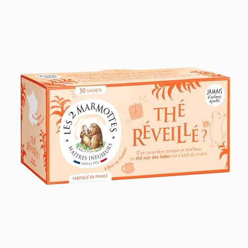 Les 2 Marmottes Thé Reveillé ? - Thé noir des Indes 100% BIO - Energisant et stimulant - Pour le petit-déjeuner - 30 Sachets par boite - Made in France - 45g
