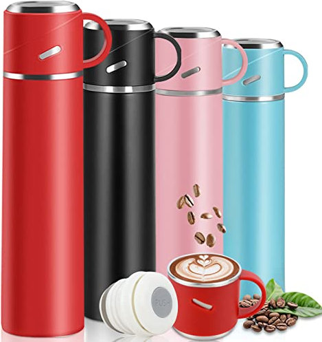 Bouteille Isotherme 550ml, Gourde Isotherme en Acier Inoxydable avec Bouchon Étanche et Tasse, Bouteille d'eau Isolée Double Paroi, Mug Isotherme Chaud Froid pour Sport, Randonnee,Voyage, École,Rouge