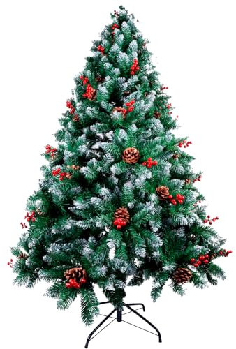 Árbol de Navidad Verde Natural con Nieve y Bayas Rojas 150cms, árbol de Navidad nevado, Luces de Navidad Opcionales, decoración arbol Navidad a tu Gusto, Christmas Tree 500 Ramas