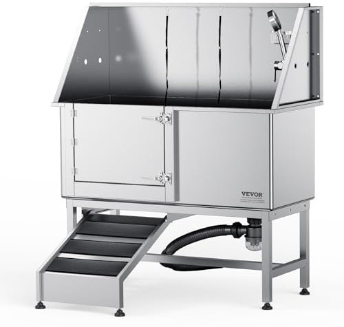 VEVOR Baignoire Toilettage de Chien 1270 mm Baignoire pour Chiens Acier Inox Baignoire Chat avec Boîte à Savon, Robinet, Accessoires Nombreux Baignoire pour Animaux de Compagnie, Maison, Rampe Gauche