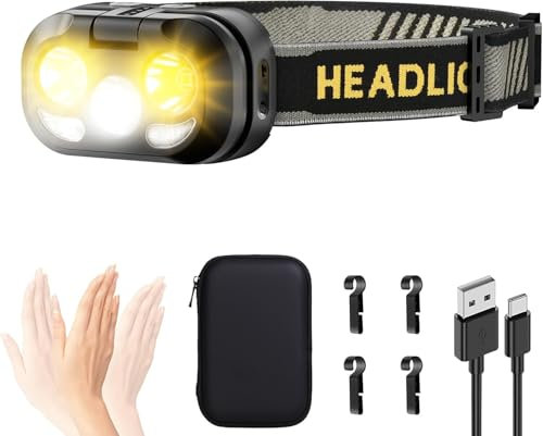 Stirnlampe aufladbar LED kleine Kopflampe 4000 Lumen Taschenlampe Hohe Lumen Superhell Stufenlos Dimmbar mit 8 Modi Leselicht Sensor Rotlicht, Wasserdicht Mini für Erwachsene,Joggen, Camping, Angeln